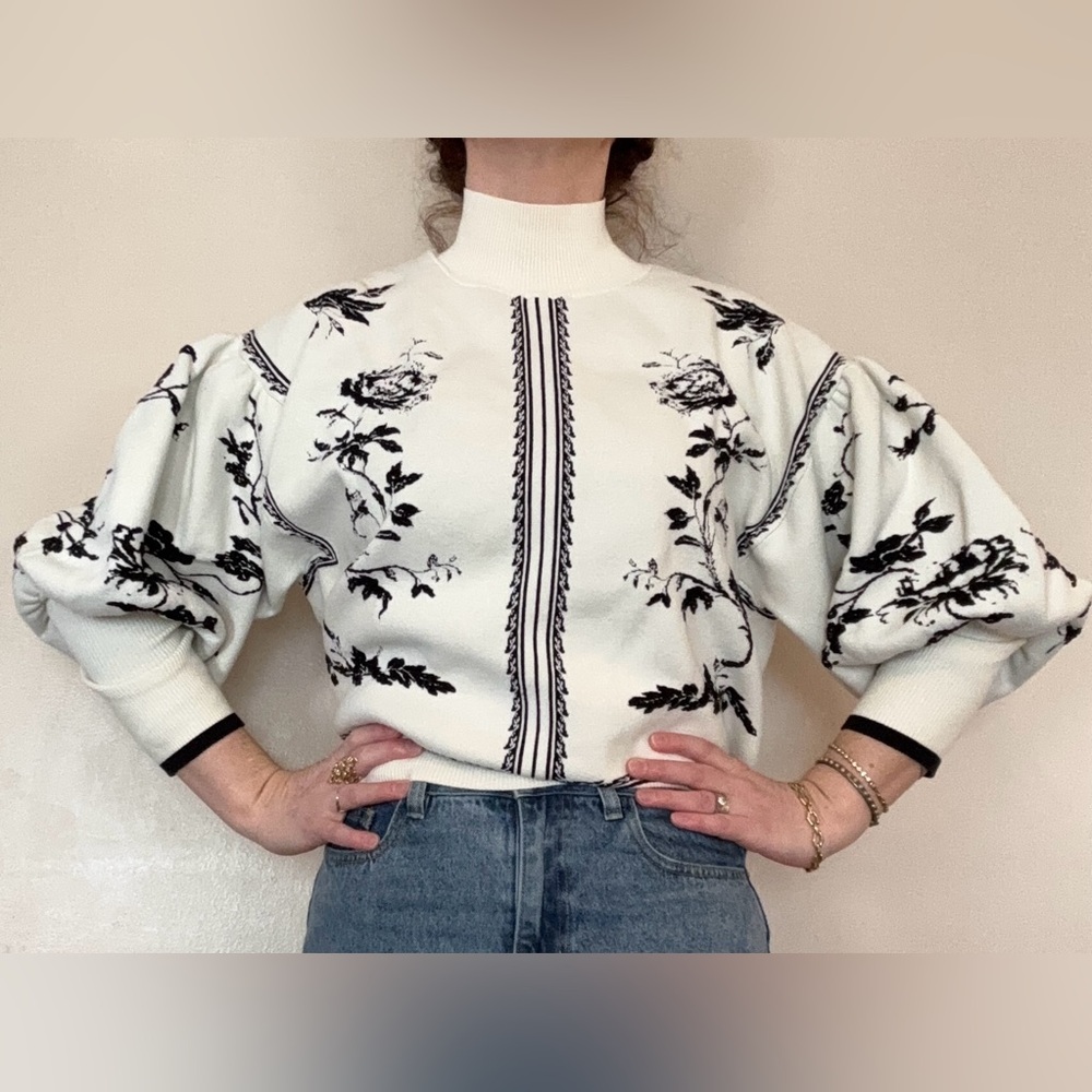 Anthropologie Floral Rose Print Balloon Sleeve Turtleneck Sweater Almost O/S